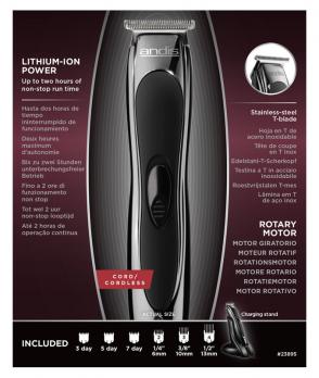 Триммер окантовочный Andis BTF3 Slimline, 0,1 мм, аккум/сетевой, 2,5 Вт, 6 насадок, серебрситый