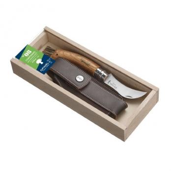 Нож грибника Opinel №8, рукоять дуб, чехол, деревянный футляр