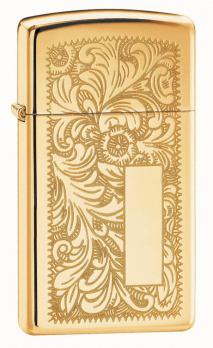 Зажигалка Zippo Slim Venetian Brass, с покрытием High Polish Brass, латунь/сталь, золотистая