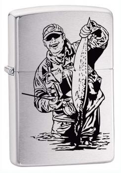 Зажигалка Zippo Рыбак, латунь с покрытием Brushed Chrome, серебристая, матовая, 36x12x56 мм