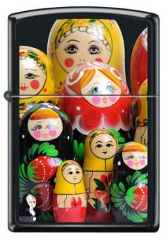 Зажигалка Zippo Матрёшки, латунь/сталь с покрытием Black Matte, чёрная, матовая, 36x12x56 мм