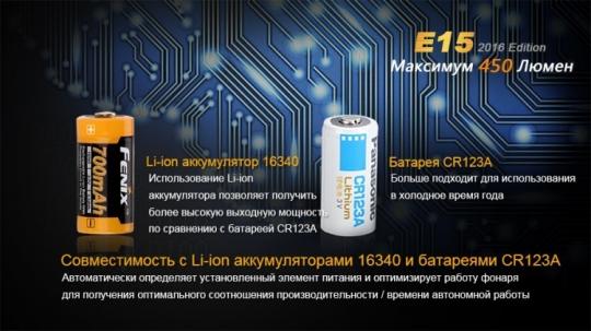 Фонарь светодиодный Fenix E15 Cree XP-G2 LED, 450 лм, аккумулятор