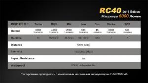 Фонарь светодиодный Fenix RC40 Cree XM-L2 U2 LED, 6000 лм, аккумулятор